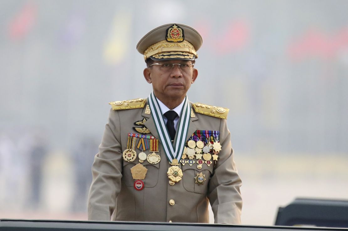 Myanmar's Commander-in-Chief Senior General Min Aung Hlaing on Armed Forces Day in Naypyidaw, Myanmar, on March 27, 2021. 