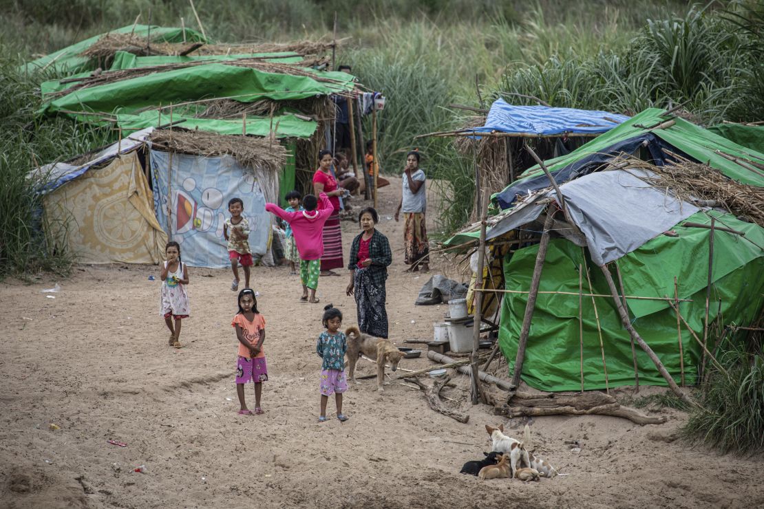 Karen refugees who fled fighting between the Myanmar army and insurgent groups, in a temporary camp on the Myanmar side of the Moei River which forms the border with Thailand.
