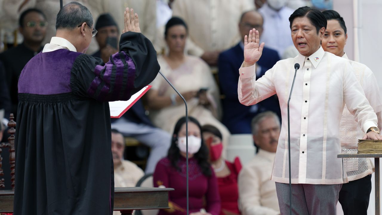 Ferdinand "Bongbong" Marcos Jr. is sworn in as President of the Philippines by Supreme Court Chief Justice Alexander Gesmundo at National Museum on June 30 in Manila, Philippines.