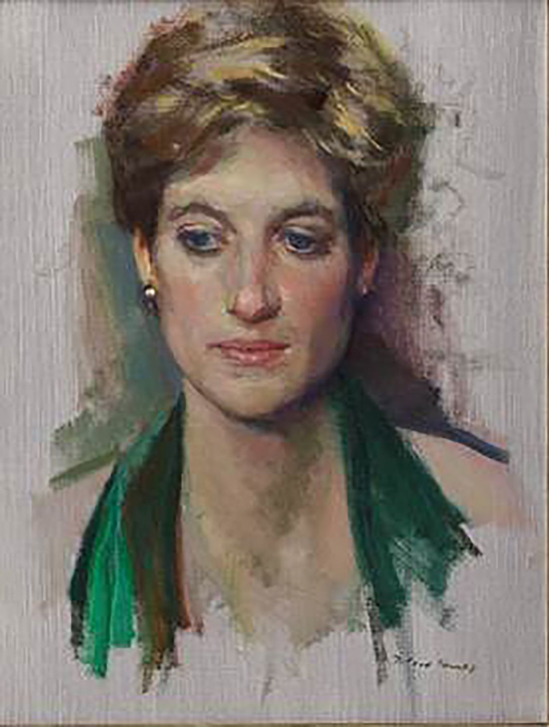 In the portrait, Diana is depicted wearing a Catherine Walker green velvet halter dress that she was also photographed in for a spread in Vanity Fair's June 1997 issue.