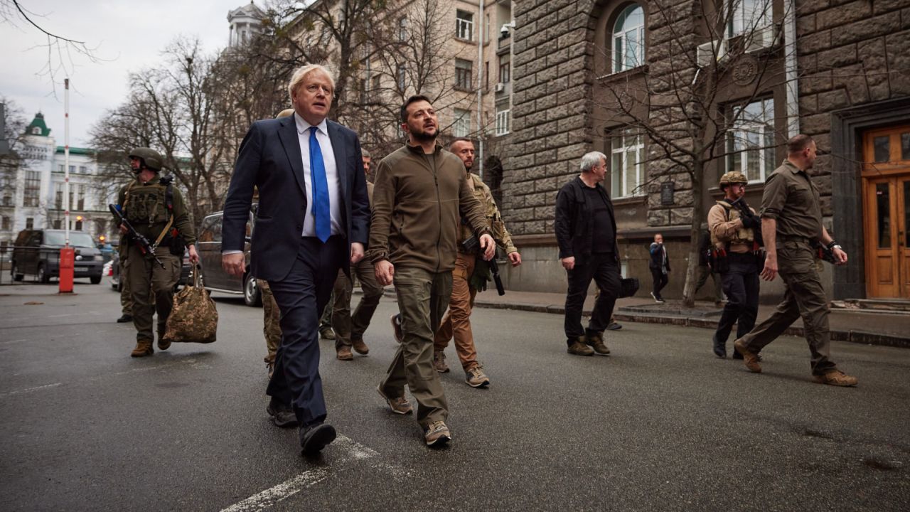 British Prime Minister Boris Johnson and Ukrainian President Volodymyr Zelensky walk through Kyiv during a meeting in April. 