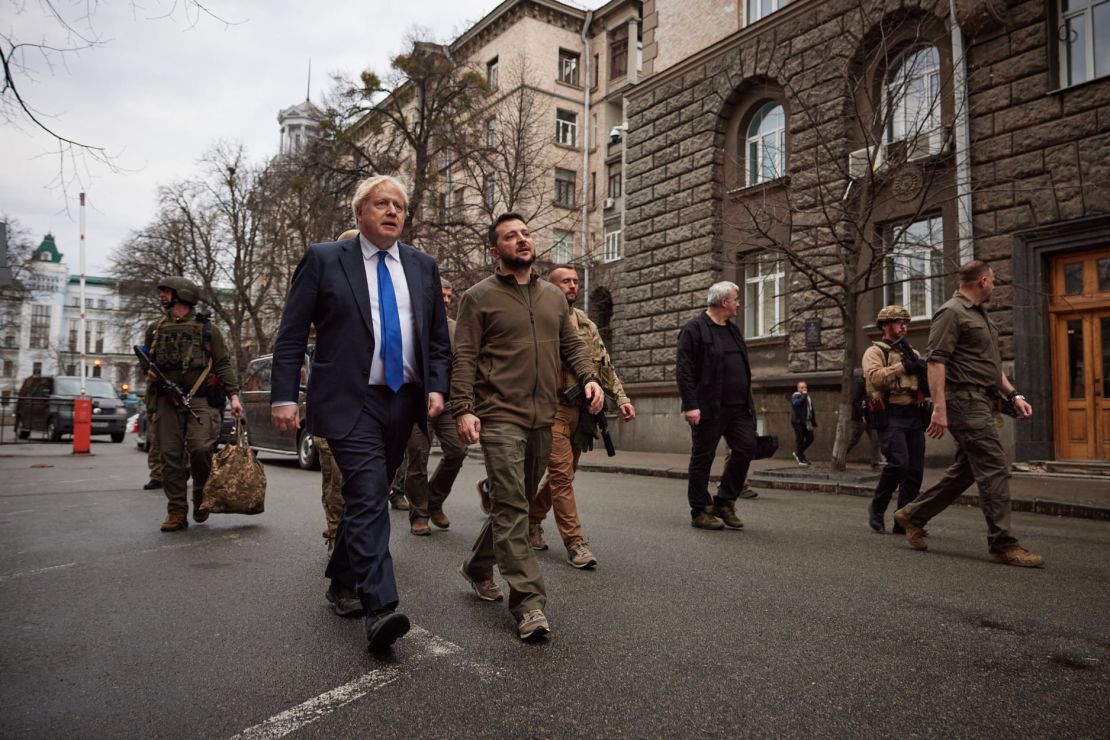 British Prime Minister Boris Johnson and Ukrainian President Volodymyr Zelensky walk through Kyiv during a meeting in April. 