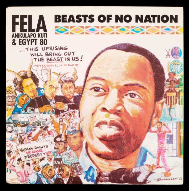It's not just clothing that's on display at the exhibition. The striking cover art to the 1989 album "Beasts of No Nation" by Afrobeat star Fela Kuti was created by <a href="https://edition.cnn.com/style/article/afrobeat-ghariokwu-fela-kuti/index.html" target="_blank">Nigerian artist Lemi Ghariokwu</a>.