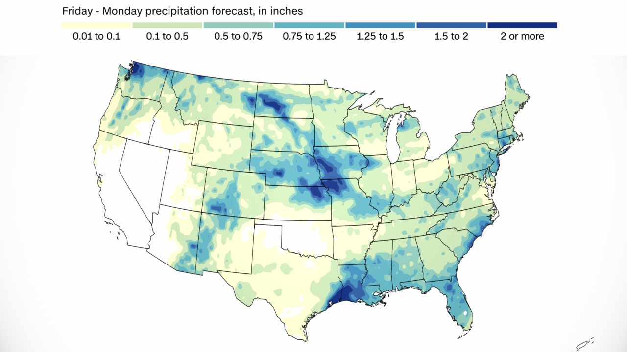 Most of the US will see rain at some point over the holiday weekend.