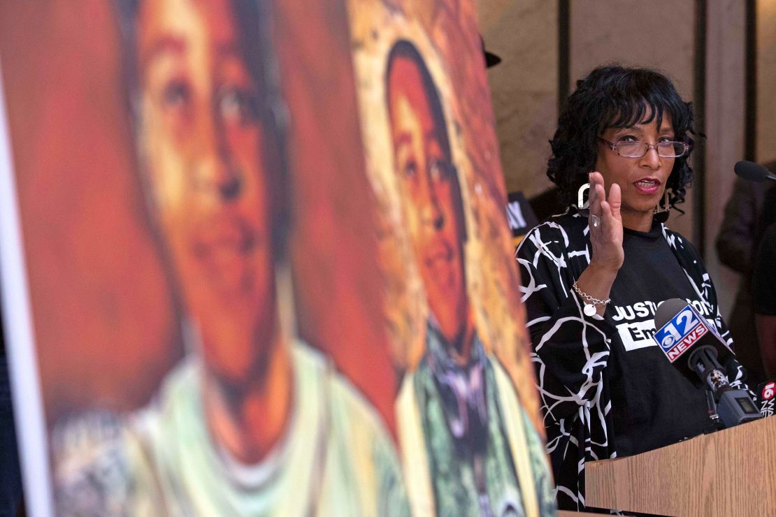 Deborah Watts, a cousin of Emmett Till speaks as she point to a painting of Till during a news at the Mississippi Capitol, on Friday, March 11, 2022, in Jackson. 