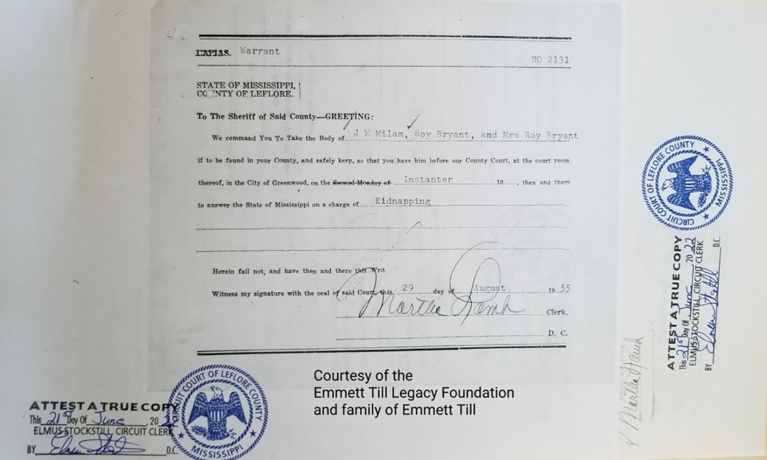 The Emmett Till Legacy Foundation shared this image of an unserved arrest warrant, charging the woman who accused him of making advances toward her with kidnapping.