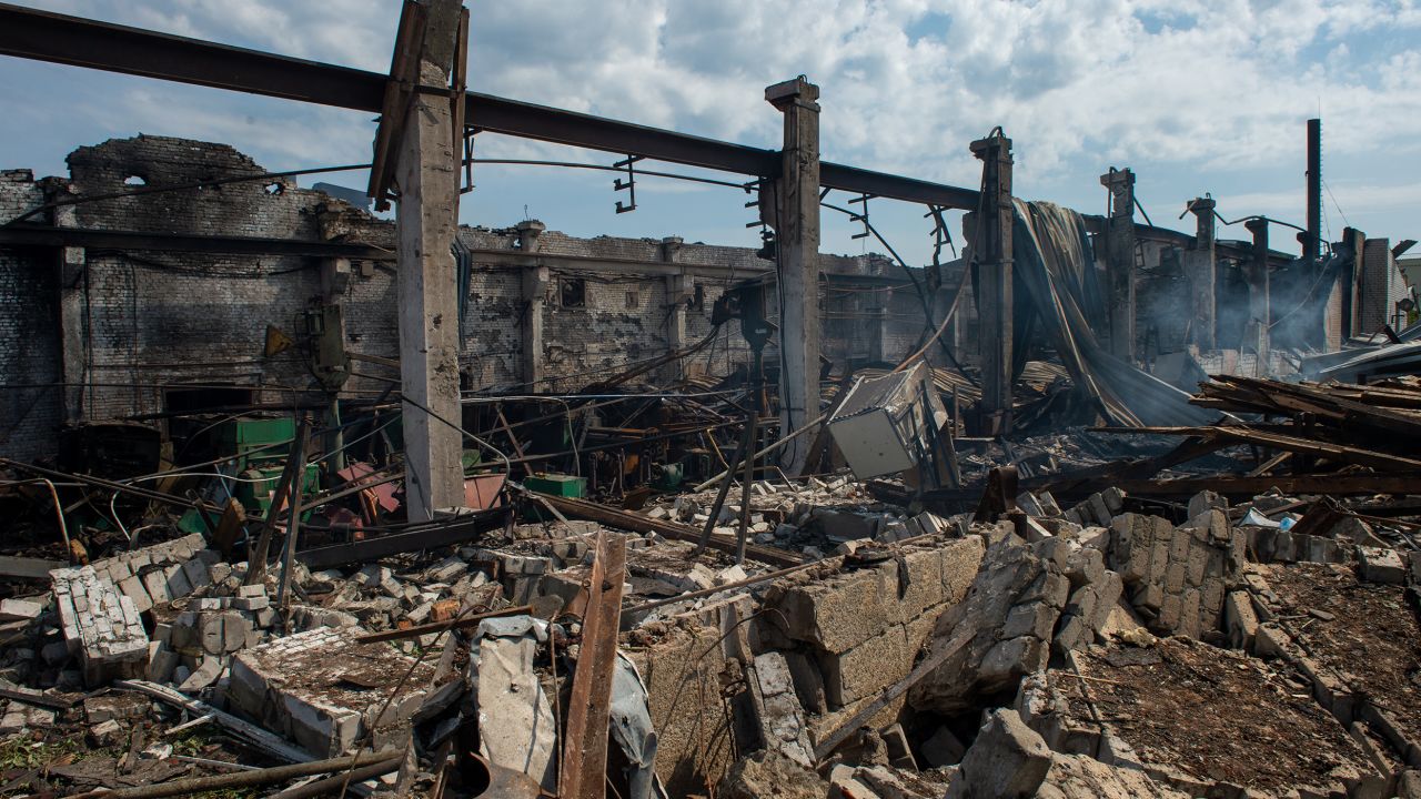 A view of a destroyed building after an industrial area was hit by a Russian missile in Kharkiv, Ukraine on June 29, 2022.  