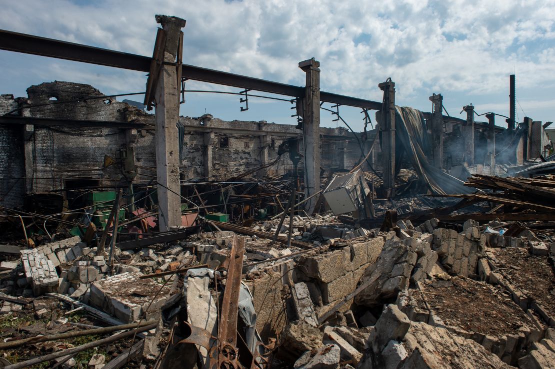 A view of a destroyed building after an industrial area was hit by a Russian missile in Kharkiv, Ukraine on June 29, 2022.  