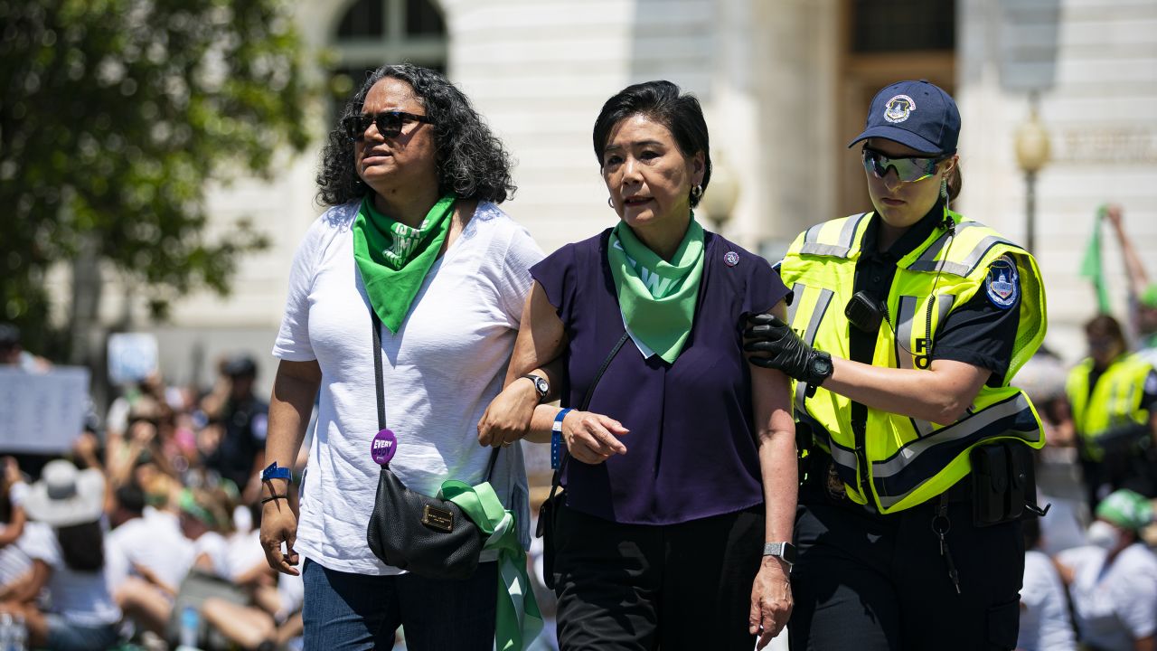 US Capitol police detain Rep. Judy Chu, a Democrat of California, for blocking an intersection with abortion rights demonstrators near the US Supreme Court in Washington on June 30, 2022.