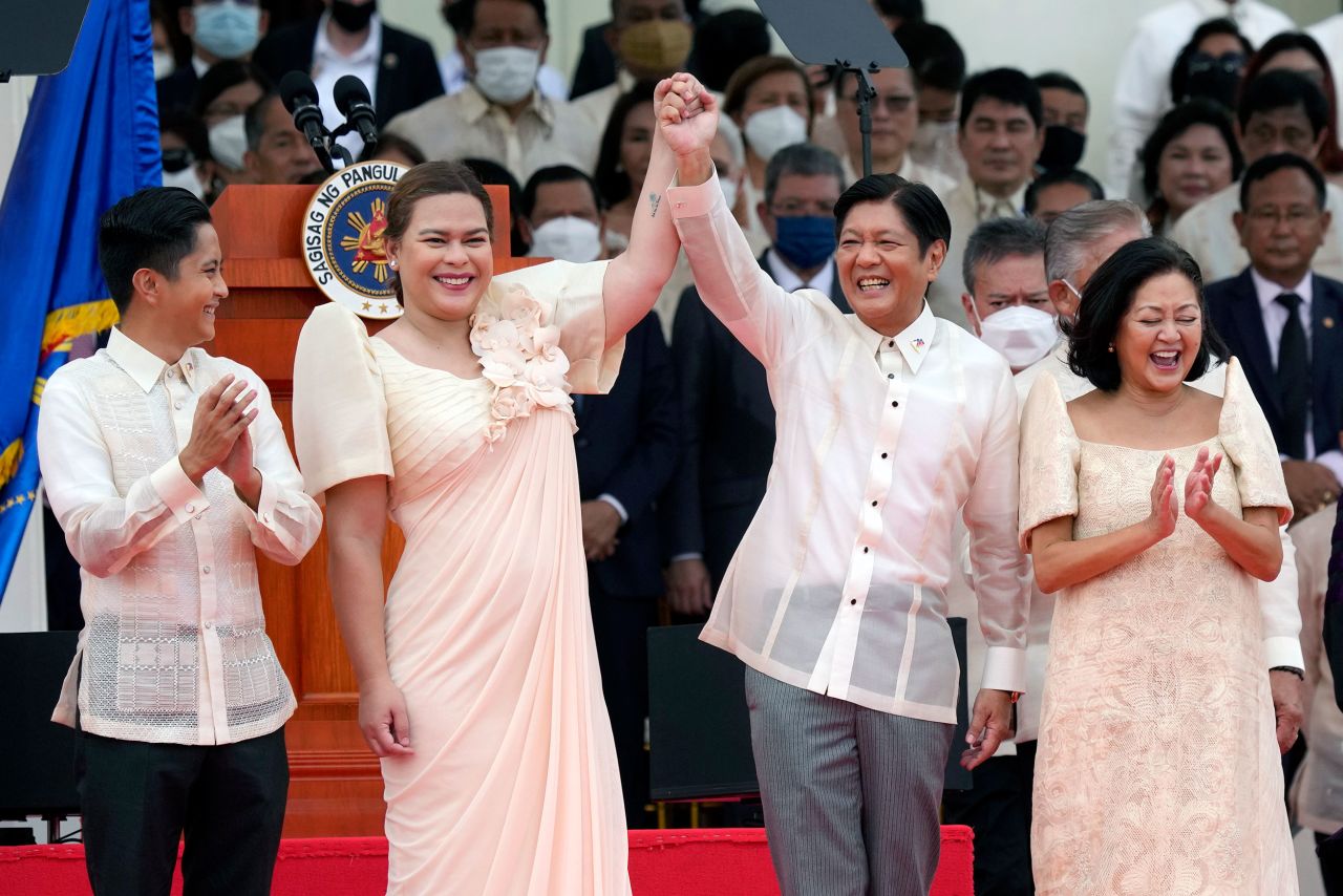 Philippines President Ferdinand Marcos Jr., second from right, and Vice President Sara Duterte, second from left, attend an inauguration ceremony in Manila, Philippines, on Thursday, June 30. Marcos Jr. won the election by a landslide in May, and <a href="https://www.cnn.com/2022/06/30/asia/philippines-president-ferdinand-bongbong-marcos-inauguration-intl-hnk/index.html" target="_blank">he was sworn in </a>36 years after his father was ousted in a popular uprising.