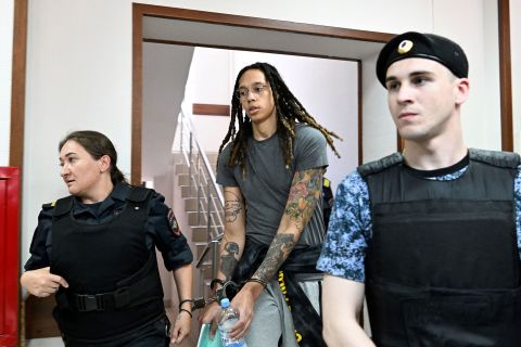 WNBA star Brittney Griner, who has been held in Russia on allegations of attempted drug smuggling, arrives at a hearing outside Moscow on Monday, June 27. A Russian court <a href=