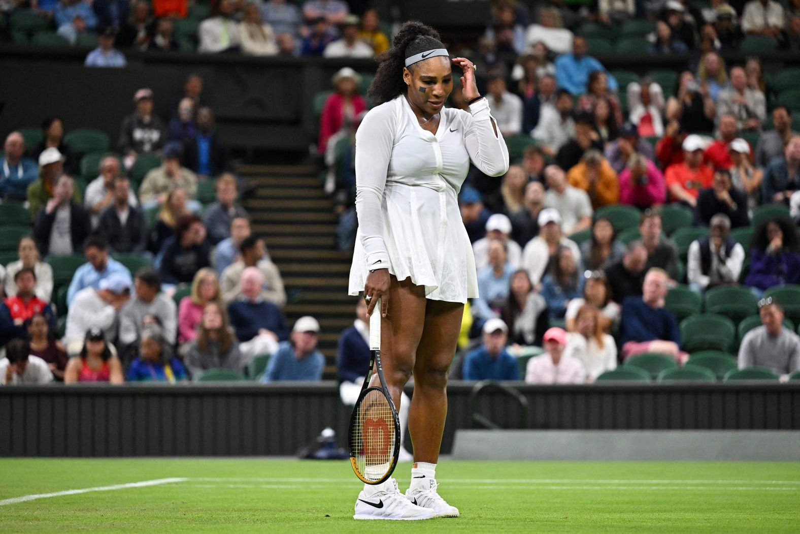 Serena Williams reacts during <a href="https://www.cnn.com/2022/06/28/tennis/serena-williams-harmony-tan-wimbledon-spt-intl/index.html" target="_blank">her first-round Wimbledon loss</a> to Harmony Tan on Tuesday, June 28. It was her first singles match after a yearlong absence. When Williams was later asked if it was the final Wimbledon match of her decorated career, she said it was a question she "can't answer."
