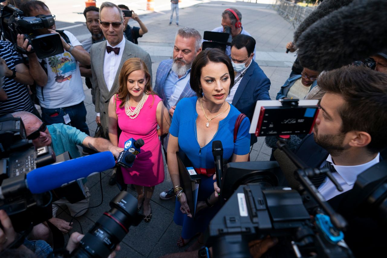 Sarah Ransome, an accuser of Jeffrey Epstein and Ghislaine Maxwell, speaks to members of the media outside a federal court in New York on Tuesday, June 28. <a href="https://www.cnn.com/2022/06/28/us/ghislaine-maxwell-sentencing/index.html" target="_blank">Maxwell was sentenced to 20 years in federal prison</a> for carrying out a yearslong scheme with Epstein to groom and sexually abuse underage girls.