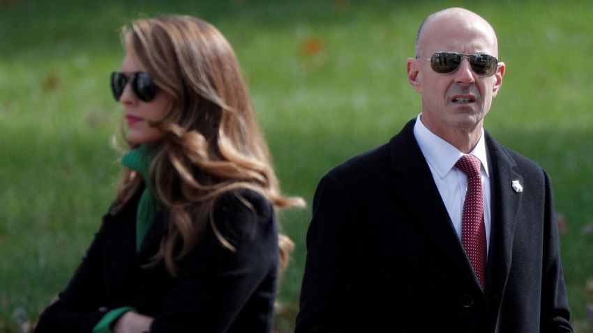 Hope Hicks stands beside Anthony Ornato, Assistant Director, Office of Training for the United States Secret Service during a presidential campaign rally for U.S. President Donald Trump in Newtown, Pennsylvania, U.S., October 31, 2020. 