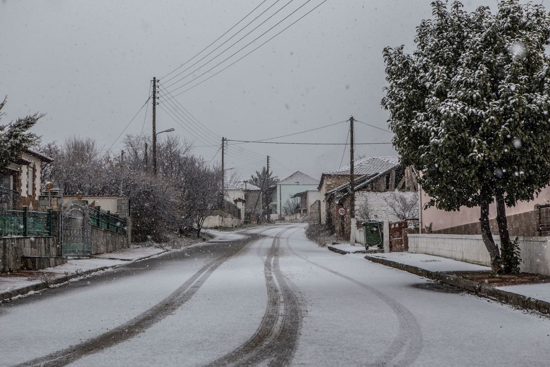 A general view of the village of Akrini covered by the snow during winter.