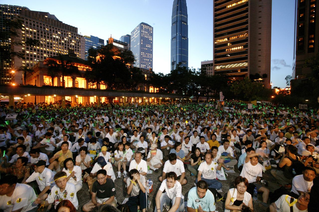 Around 50,000 demonstrators gather outside the Legislative Council building during a candlelight vigil in central Hong Kong in 2003. They were there to protest Chief Executive Tung Chee-hwa's handling of an anti-subversion bill.