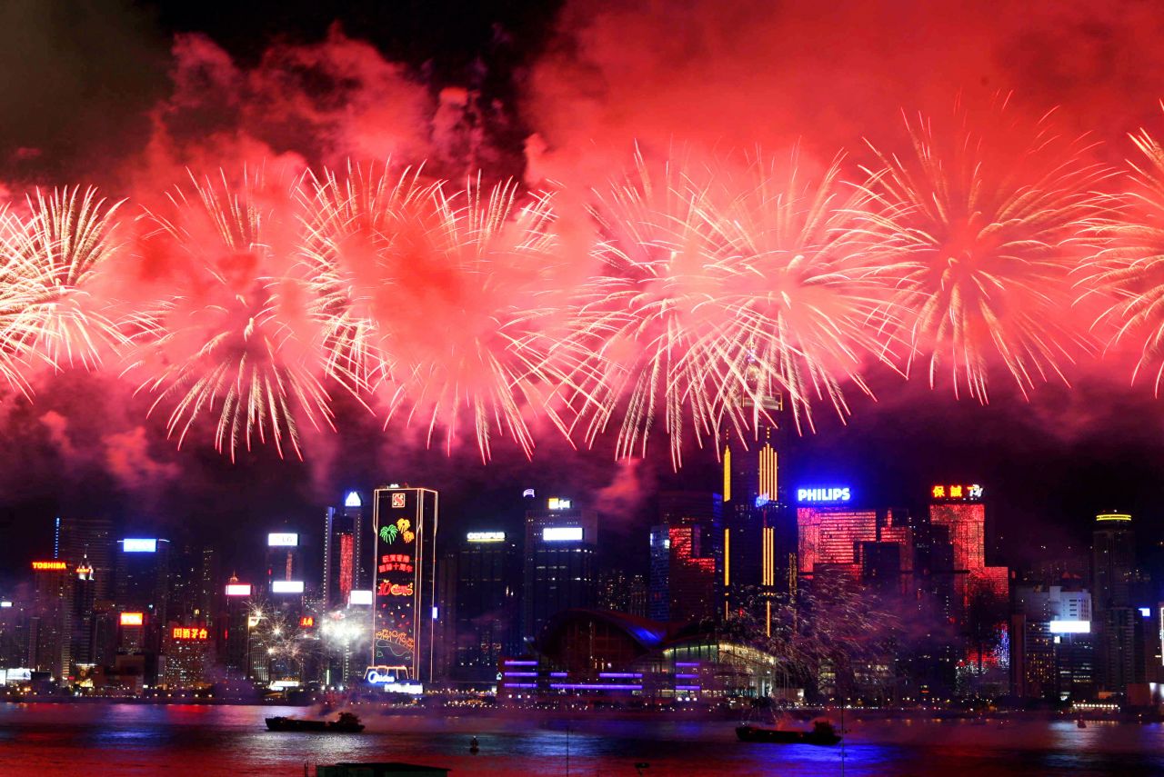 Fireworks explode over the Hong Kong skyline to celebrate the 10th anniversary of the handover in 2007.