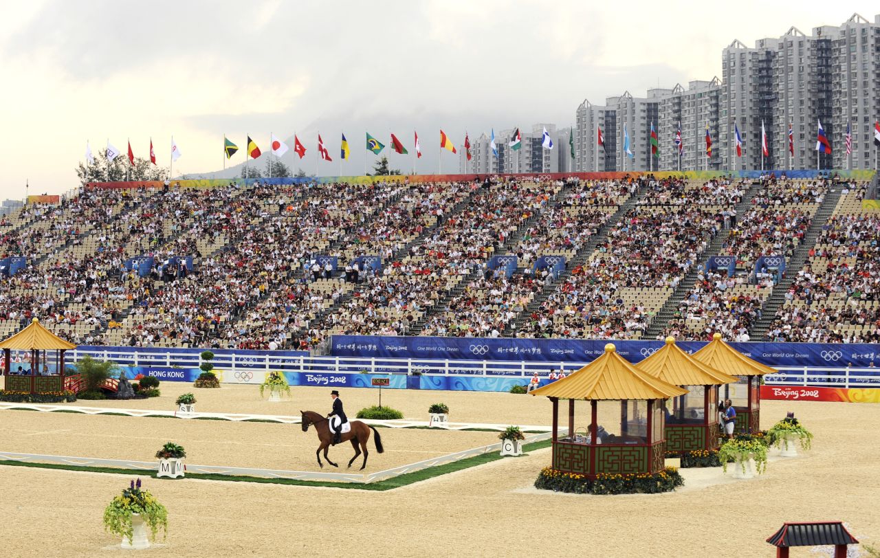 A player competes in equestrian during an Olympic event in Hong Kong in 2008.