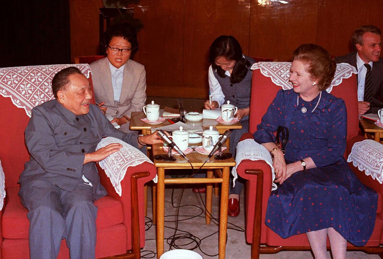 British Prime Minister Margaret Thatcher and Deng Xiaoping, Chairman of the Chinese Communist Party's Central Advisory Committee, talk at the Great Hall of the People in Beijing in 1982. Their meeting preceded the signing of the Sino-British Joint Declaration, which established Hong Kong as a "special administrative region" of China after the 1997 handover.