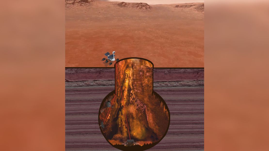 This illustration depicts how ReachBot would be tethered to a rover on the Martian surface.
