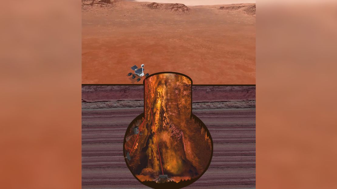 This illustration depicts how ReachBot would be tethered to a rover on the Martian surface.