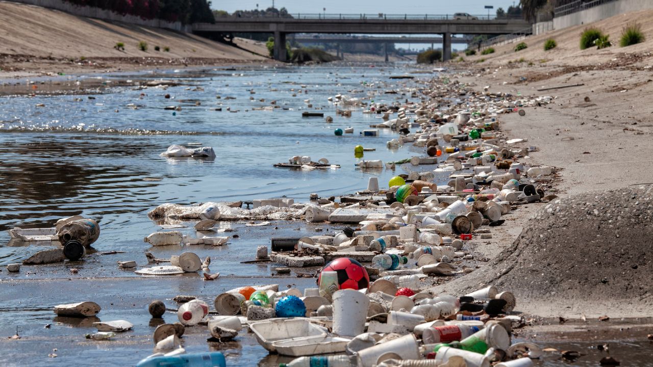 Trash and plastic refuse collect in Ballona Creek in Culver City, California.