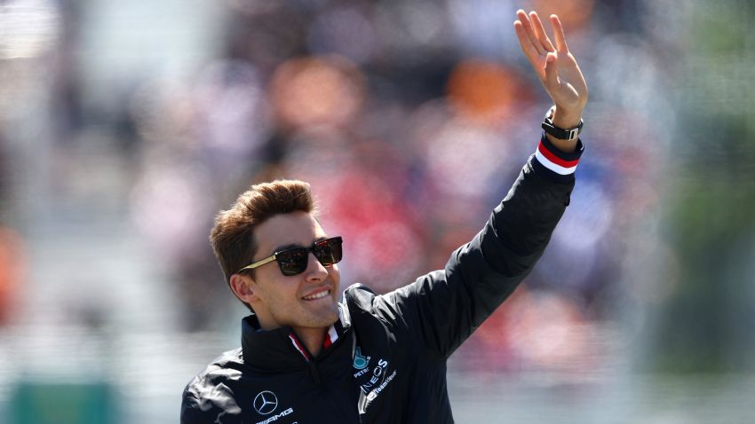 MONTREAL, QUEBEC - JUNE 19: George Russell of Great Britain and Mercedes waves to the crowd on the drivers parade ahead of the F1 Grand Prix of Canada at Circuit Gilles Villeneuve on June 19, 2022 in Montreal, Quebec. (Photo by Clive Rose/Getty Images)