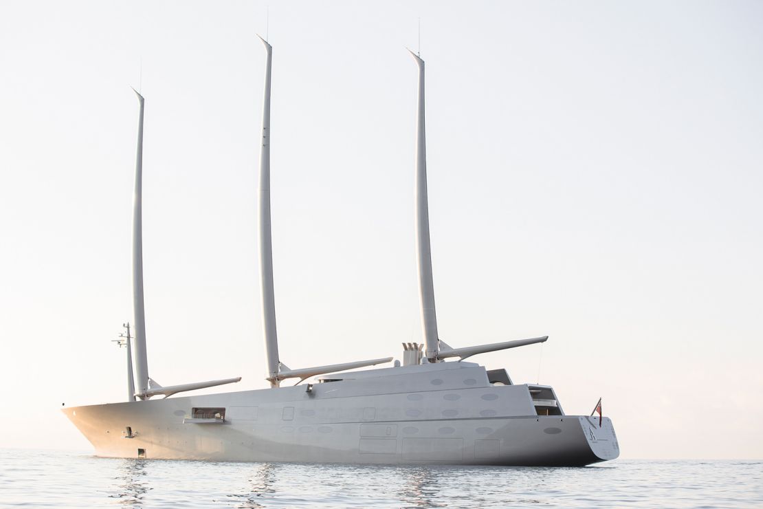 "A," the triple mast sailing yacht designed by Starck has an otherwordly feel.