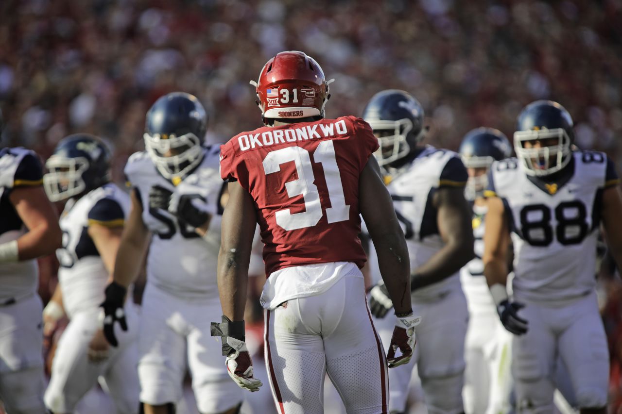 <strong>Ogbonnia Okoronkwo</strong> -- The most common way to recognize NFL talent is through collegiate American football. Before starting his NFL career with the Los Angeles Rams, Okoronkwo starred as a defensive end with the University of Oklahoma (pictured here in a game against West Virginia University, November 2017). Earlier this year, he signed a contract with the Houston Texans.