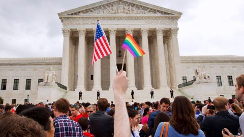 A crowd celebrates outside the US Supreme Court after the Obergefell v. Hodges decision that legalized same-sex marriage in 2015.
