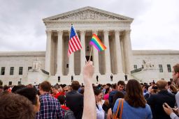 A crowd celebrates outside the US Supreme Court after the Obergefell v. Hodges decision that legalized same-sex marriage in 2015.