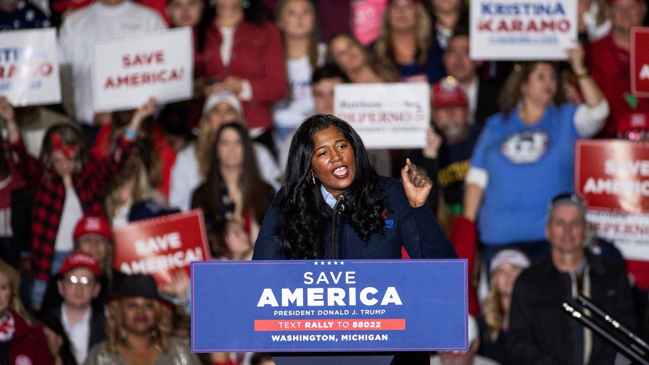 Kristina Karamo, Republican candidate for Michigan Secretary of State, speaks at a rally at the Michigan Stars Sports Center in Washington Township, Mich., Saturday, April 2, 2022. Former President Donald Trump's extraordinary effort to mold Republicans' 2022 tickets will be put to the test this weekend in Michigan, where thousands of party activists will endorse candidates including in a contentious attorney general's race.  (Junfu Han/Detroit Free Press via AP, File)