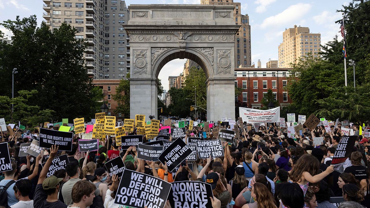 Abortion rights activists gather for a protest following the US Supreme Court's decision to overturn Roe v. Wade, at Washington Square Park, June 24, 2022, in New York.