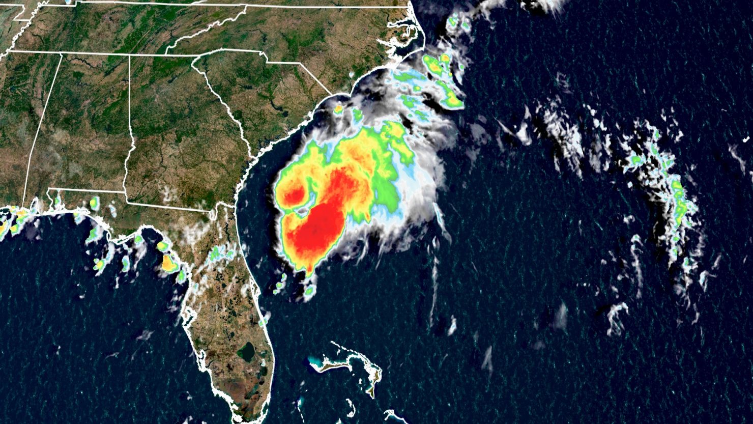 Tropical Storm Colin, seen by satellite Saturday morning, is expected to skirt the coastal Carolinas and be out to sea by Sunday night.