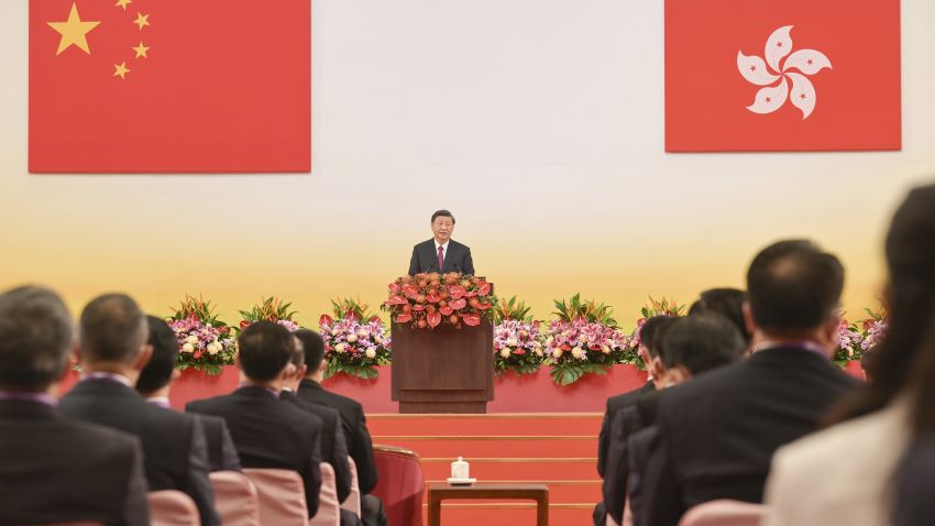 In this photo provided by Hong Kong Government Information Services, China's President Xi Jinping gives a speech following a swearing-in ceremony to inaugurate the city's new government in Hong Kong Friday, July 1, 2022, on the 25th anniversary of the city's handover from Britain to China.