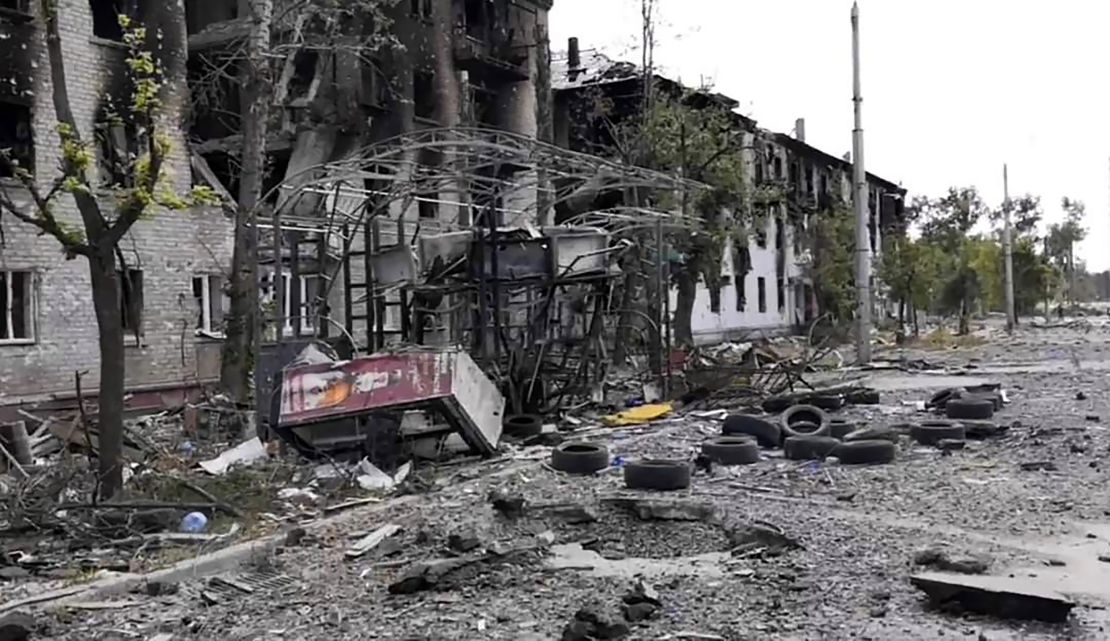 A photo provided by Ukrainian authorities shows buildings that have been damaged in strikes on Lysychansk on July 3, 2022.