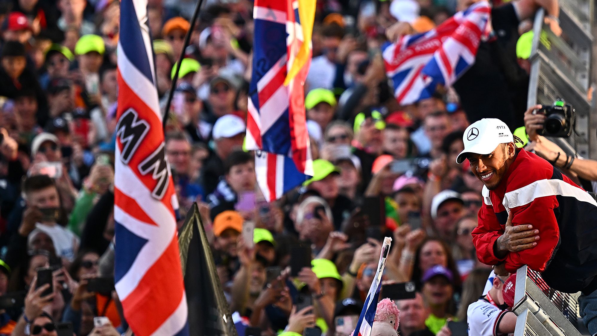 Hamilton waves at fans following the British Grand Prix.
