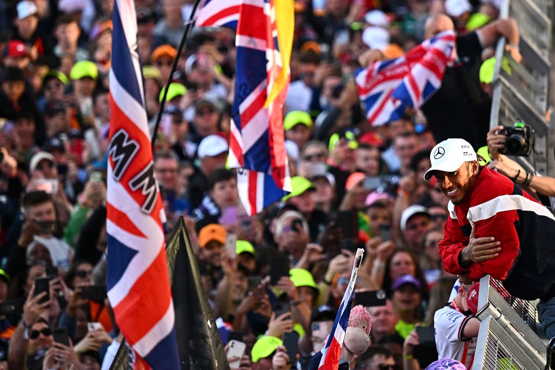 Hamilton waves at fans following the British Grand Prix.