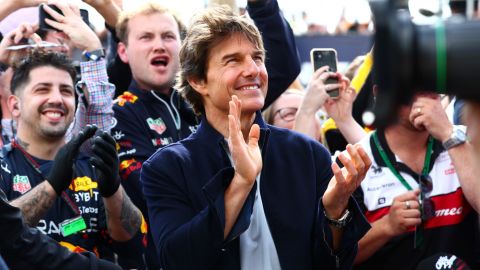 Tom Cruise applauds at the Podium celebrations  during the F1 Grand Prix of Great Britain at Silverstone on Sunday in Northampton, England. 