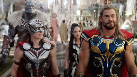 Natalie Portman (left) as Thor hangs out with Chris Hemsworth's original Thor in a moment of Thor-ception.