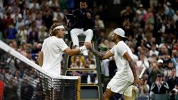 Stefanos Tsitsipas (left) and Nick Kyrgios shake hands after their Men's Singles third round match during day six of the 2022 Wimbledon Championships at the All England Lawn Tennis and Croquet Club, Wimbledon. Picture date: Saturday July 2, 2022. (Photo by Steven Paston/PA Images via Getty Images)