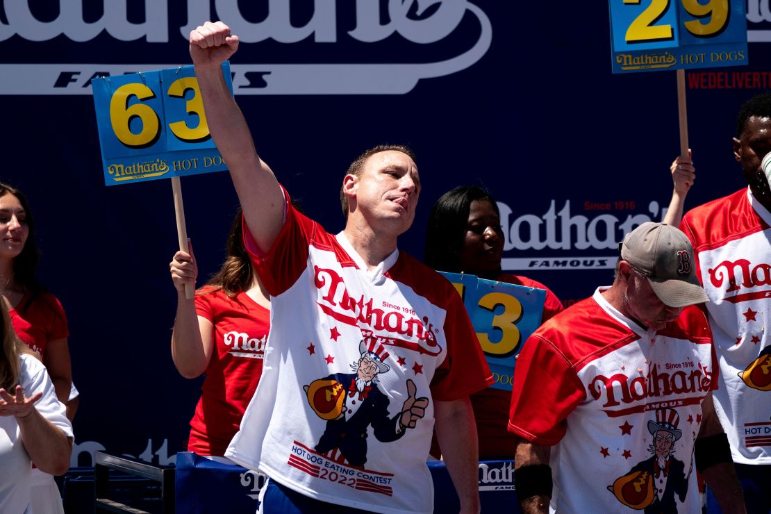 Joey Chestnut reacts after scarfing more hot dogs than anyone else Monday.