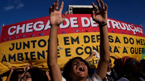 Environmental activists protest against Brazilian President Jair Bolsonaro on March 9.
