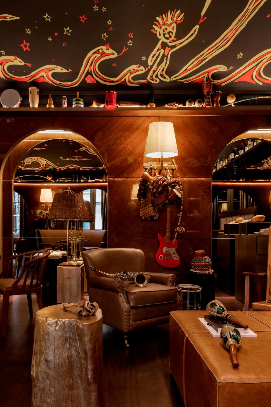 Mounted guitars line the walls of the Rabo di Galo bar at the Rosewood.