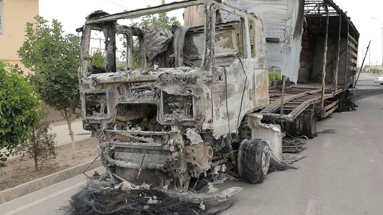 A truck which was burnt during protests in Nukus, capital of the northwestern Karakalpakstan region, Uzbekistan on July 3.