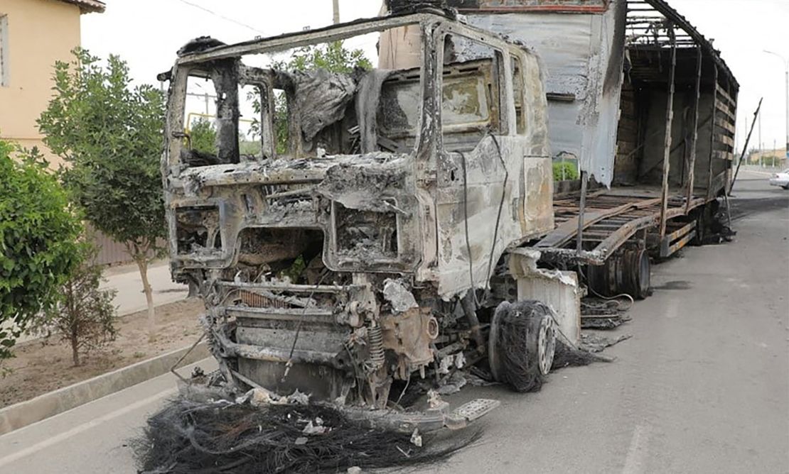 A truck which was burnt during protests in Nukus, capital of the northwestern Karakalpakstan region, Uzbekistan on July 3.