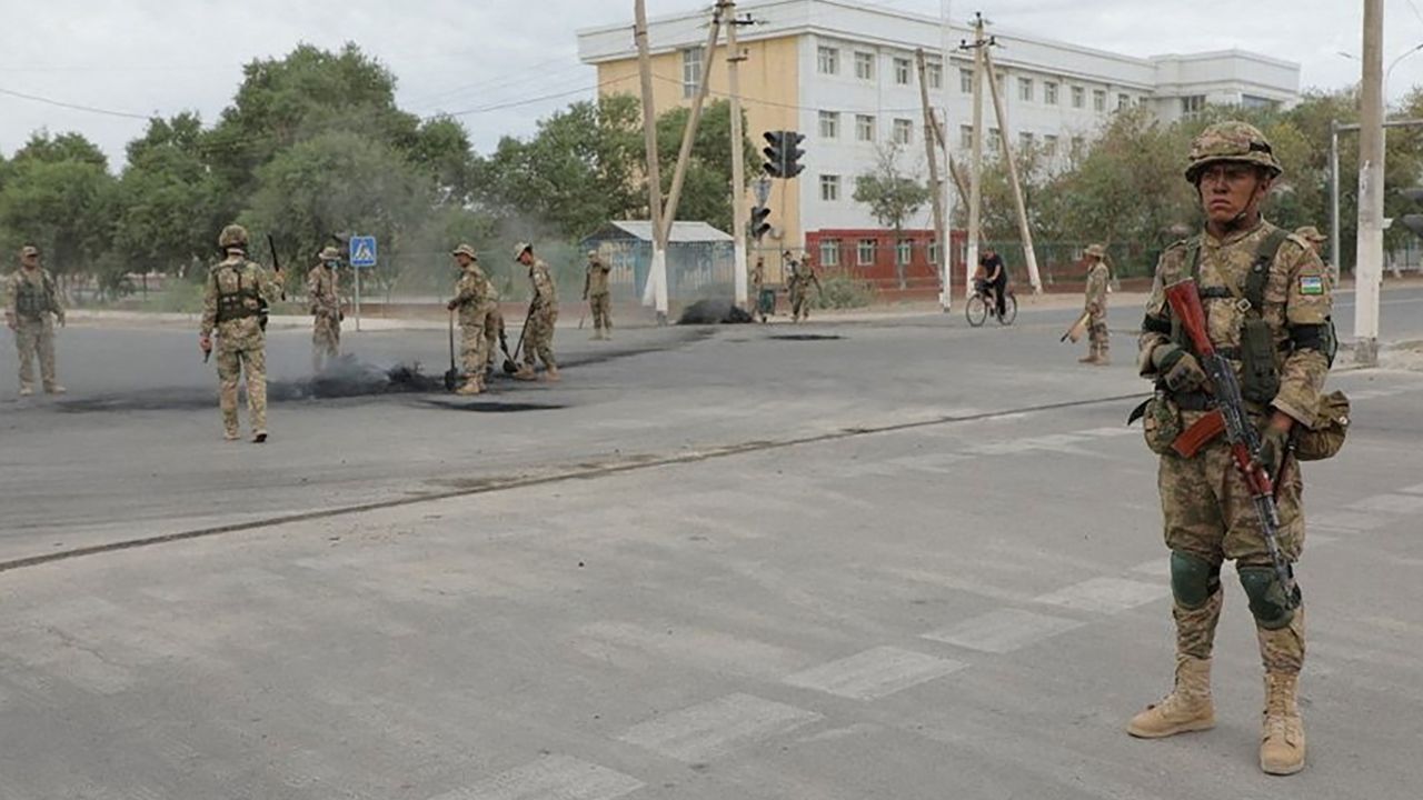 Uzbek service members are seen in Nukus, capital of the northwestern Karakalpakstan region, Uzbekistan on July 3.