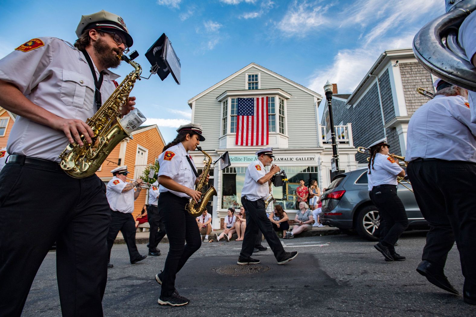 A marching band during the Fireman's Parade in Rockport, Massachusetts, Monday. This is the first time the annual parade has been held since 2019.