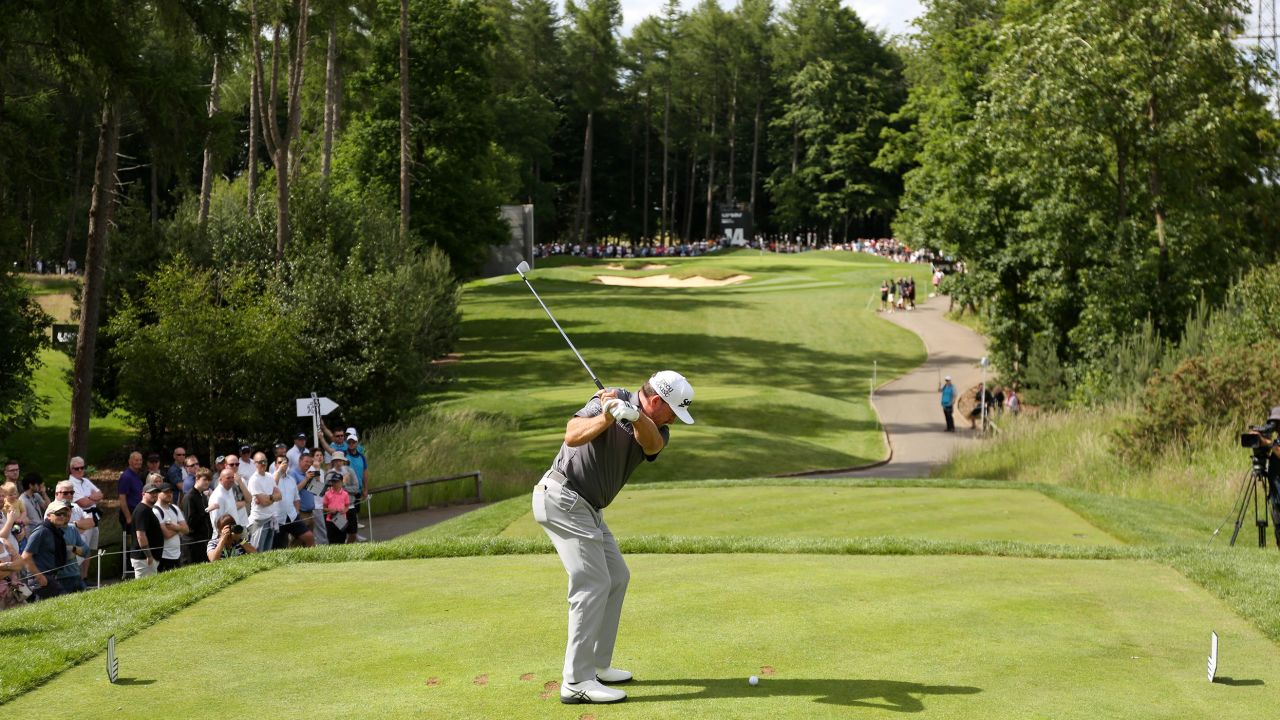 McDowell tees off on the 14th hole during day three of LIV Golf's inaugural event at the Centurion Club.