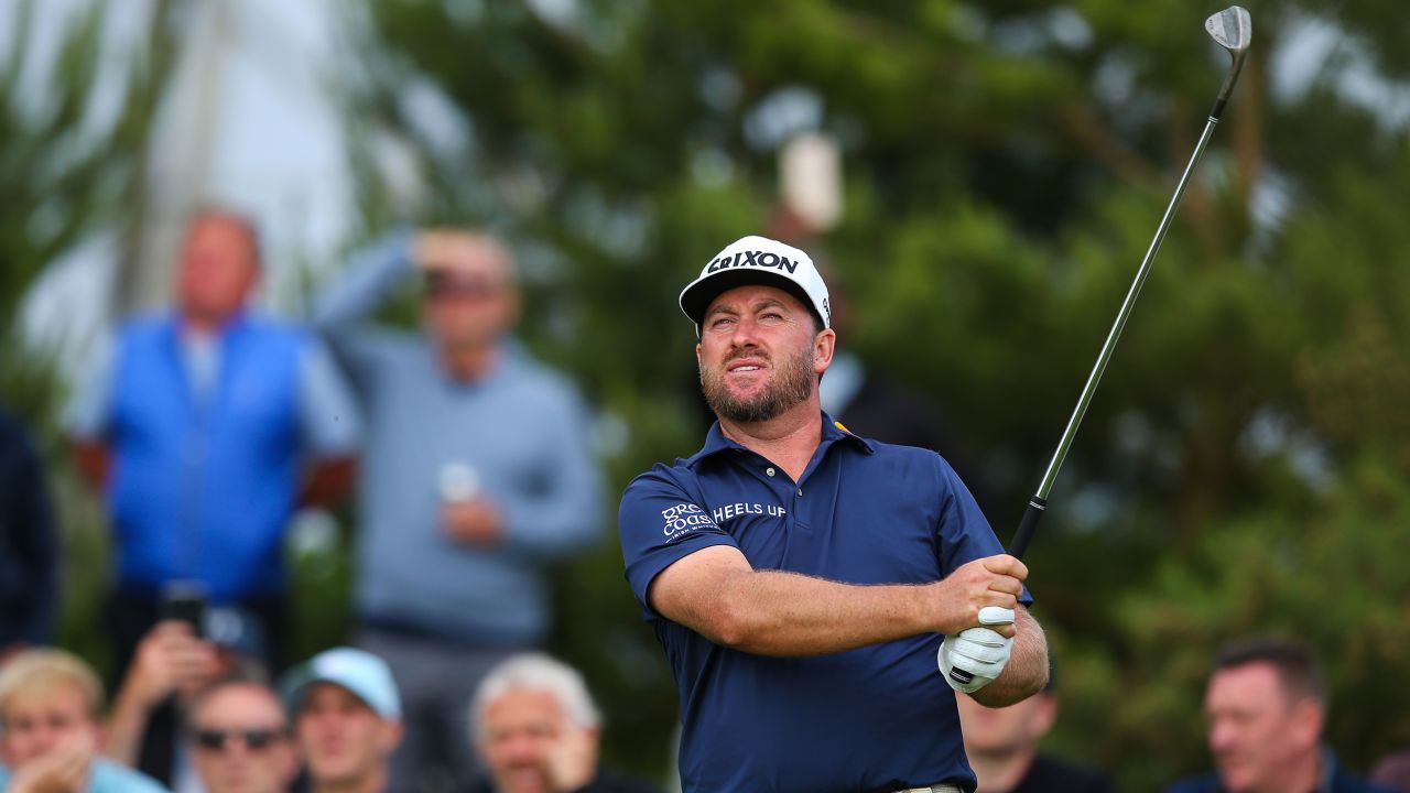 McDowell tees off on the 17th hole during day one of the LIV Golf series event at the Centurion Club on June 9.